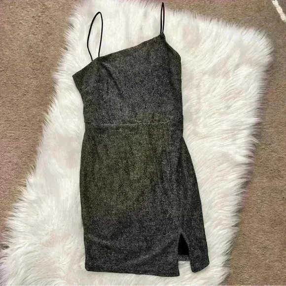 Lulus Take Me Anywhere Silver Sparkly Asymmetrical Bodycon Mini Dress Small - Picture 4 of 10